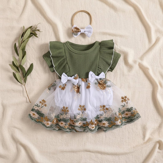 Body-Vestido com Bordado de Flores e Bandolete — Bebé Menina 3-24M