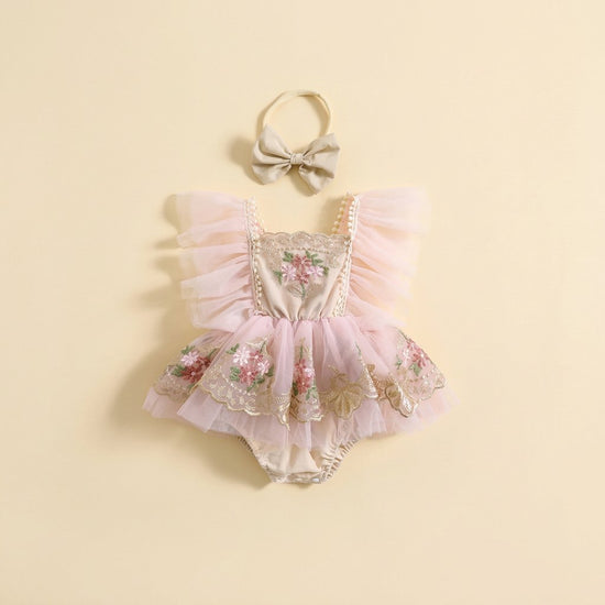 Body-Vestido Bordado com Manga Curta e Bandolete — Bebé Menina 3-24M