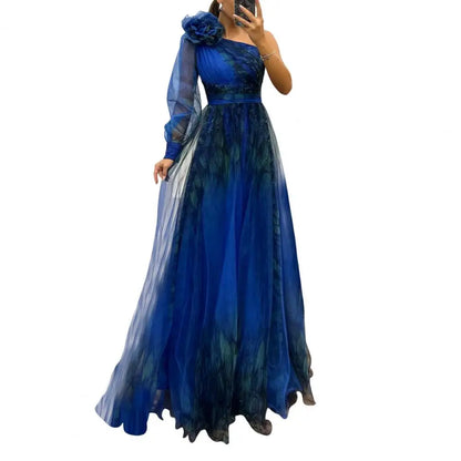 Vestido um ombro plissado malha única manga longa cintura fina