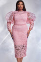 Abendkleid für Damen in Übergröße, rosa Spitze, Puffärmel, transparent