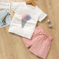 Conjuntos de roupas de meninas, Novo estilo de verão roupas infantis bonito pontos de renda + arco calças curtas 2pc