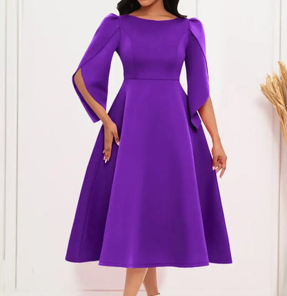 Vestido feminino elegante cor sólida em torno do pescoço