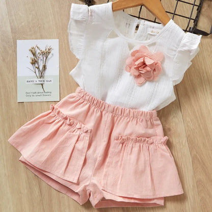 Conjuntos de roupas de meninas, Novo estilo de verão roupas infantis bonito pontos de renda + arco calças curtas 2pc