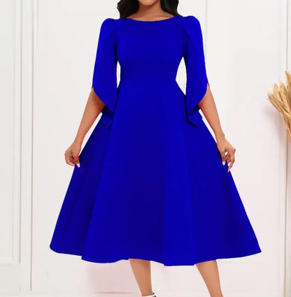 Elegantes einfarbiges Rundhalskleid für Damen