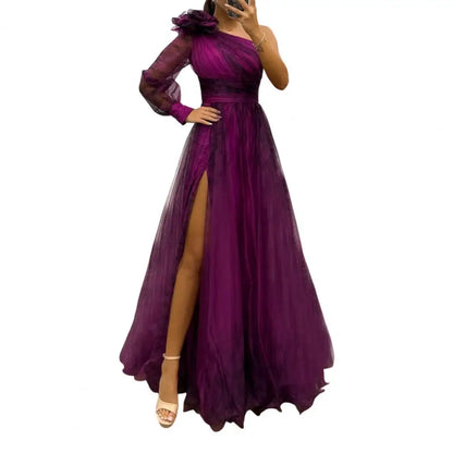 One-Shoulder Plissee Strickkleid Single Langarm Slim Waist