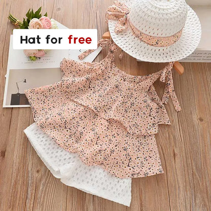 Sommer Kinder Kleidung Sets Floral Chiffon Neckholder Tops + Stroh bestickte Shorts 3 Stück