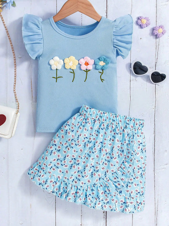Conjunto Azul 3D Floral Tee & Ruffled Skirt Set |