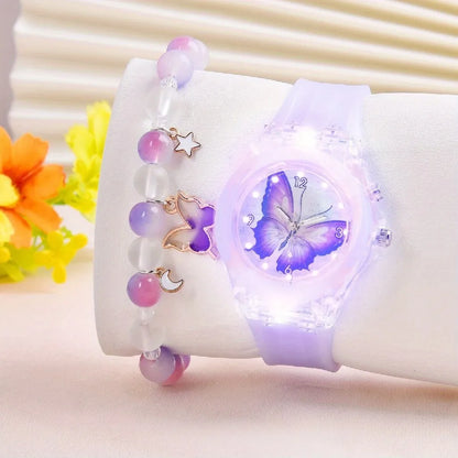 Conjunto Luminoso  de Relógio Borboleta Padrão Silicone  e  Bracelete