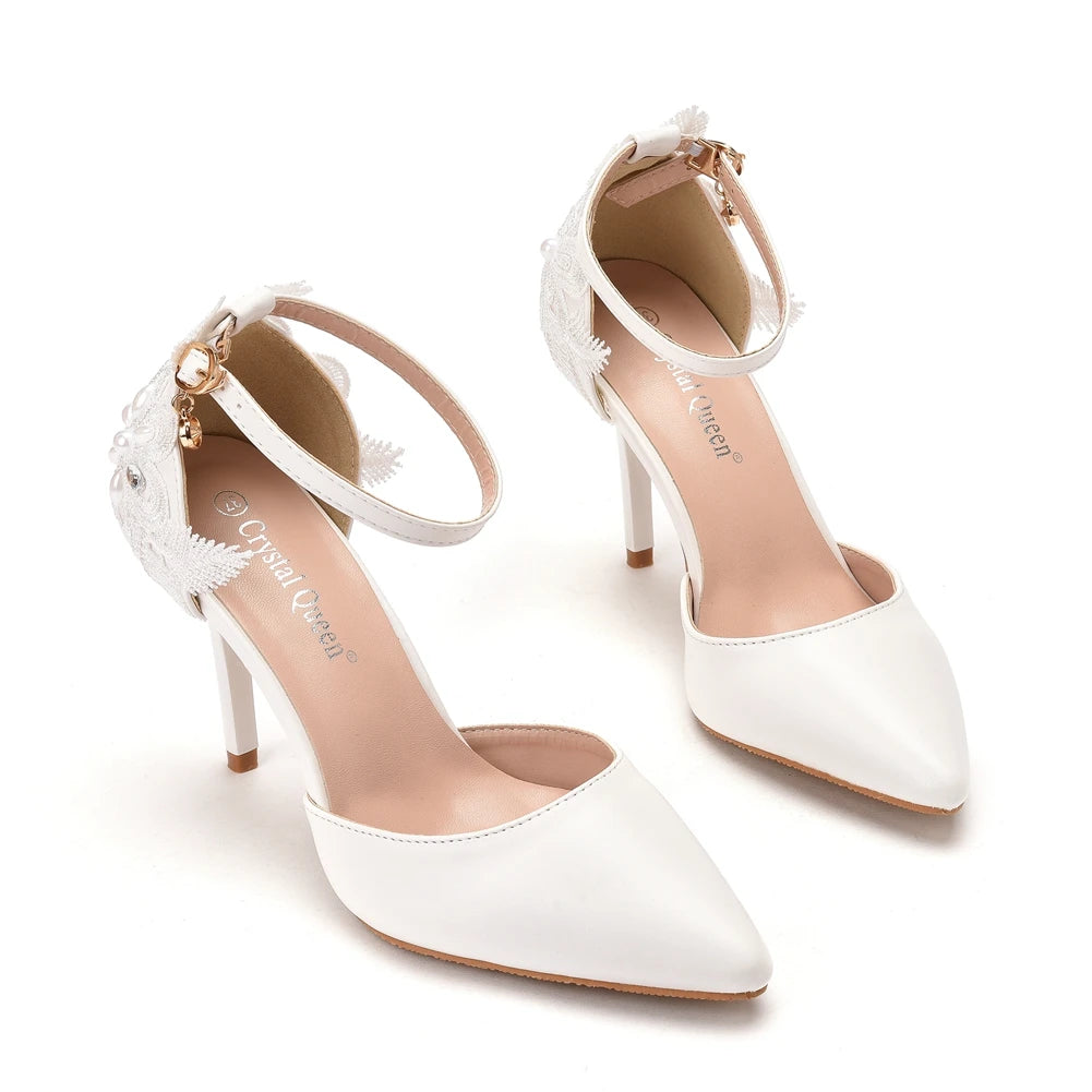 Cristal rainha tamanho grande laço branco feminino salto alto banquete sapatos de casamento nupcial apontou bombas doce selvagem único sandálias