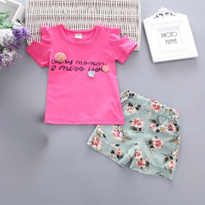 Roupas de Meninas , Bebé Floral Impresso Manga Curta Strapless T-shirt + calças 2pcs