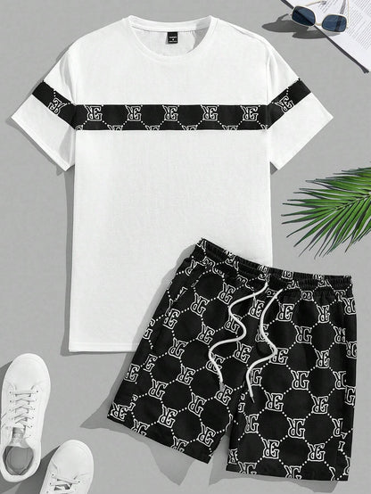 Conjunto masculino retro moda letras impressas em torno do pescoço