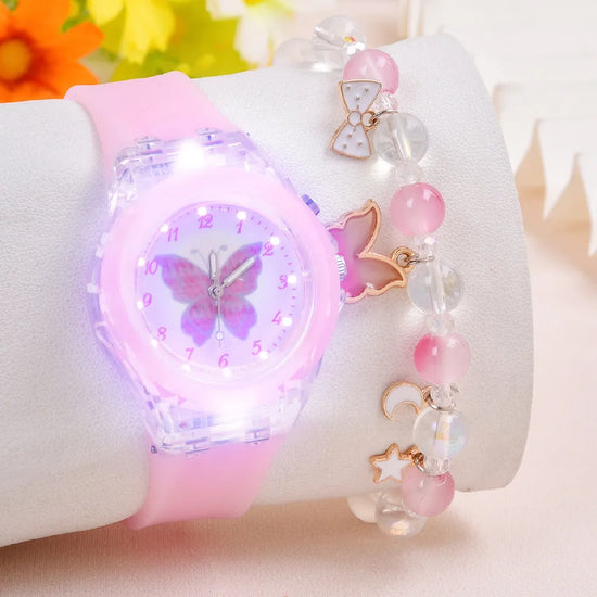 Conjunto Luminoso  de Relógio Borboleta Padrão Silicone  e  Bracelete