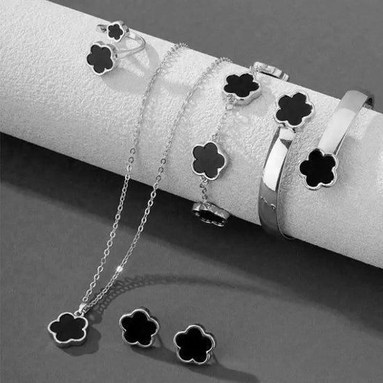 conjunto de 5pcs de joia  pulseira de flor da moda + colar + brincos + pulseira + anel