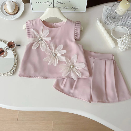 Conjunto infantil para meninas verão bonito três flores manga curta tshirt + shorts 2