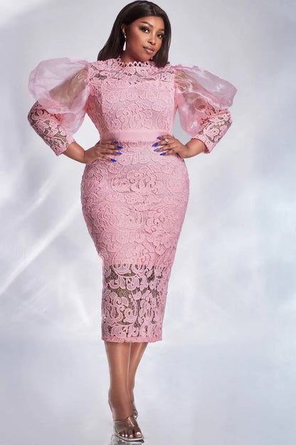 Abendkleid für Damen in Übergröße, rosa Spitze, Puffärmel, transparent