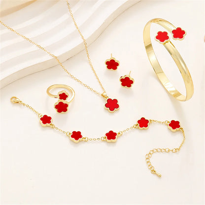 conjunto de 5pcs de joia  pulseira de flor da moda + colar + brincos + pulseira + anel
