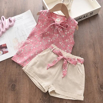 Conjuntos de roupas de meninas, Novo estilo de verão roupas infantis bonito pontos de renda + arco calças curtas 2pc