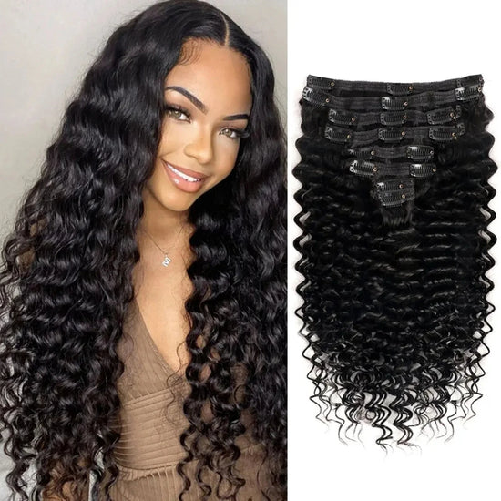 Extensões do cabelo com 18 grampos para mulheres, cabelo humano real, encaracolado
