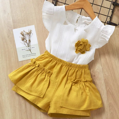 Conjuntos de roupas de meninas, Novo estilo de verão roupas infantis bonito pontos de renda + arco calças curtas 2pc