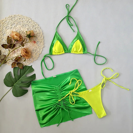 Sexy Gelb Grün Patchwork Satin Bikini Sets 3 Stück