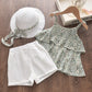 Conjuntos de roupas de meninas, Novo estilo de verão roupas infantis bonito pontos de renda + arco calças curtas 2pc