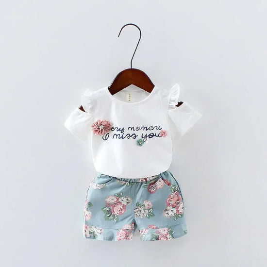 Roupas de Meninas , Bebé Floral Impresso Manga Curta Strapless T-shirt + calças 2pcs