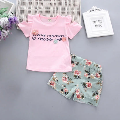 Roupas de Meninas , Bebé Floral Impresso Manga Curta Strapless T-shirt + calças 2pcs