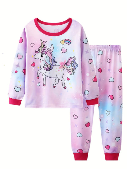 Zweiteiliges Pyjama-Set mit langen Ärmeln und Einhorn-Design für Mädchen