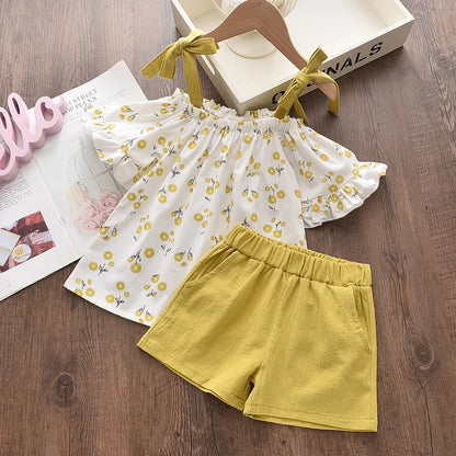 Conjuntos de roupas de meninas, Novo estilo de verão roupas infantis bonito pontos de renda + arco calças curtas 2pc