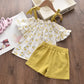 Conjuntos de roupas de meninas, Novo estilo de verão roupas infantis bonito pontos de renda + arco calças curtas 2pc
