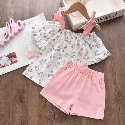 Conjuntos de roupas de meninas, Novo estilo de verão roupas infantis bonito pontos de renda + arco calças curtas 2pc