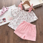 Conjuntos de roupas de meninas, Novo estilo de verão roupas infantis bonito pontos de renda + arco calças curtas 2pc