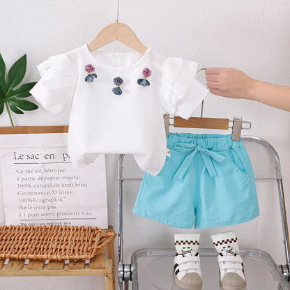 Camiseta e shorts fofos de três flores de manga curta, conjunto de 2 peças