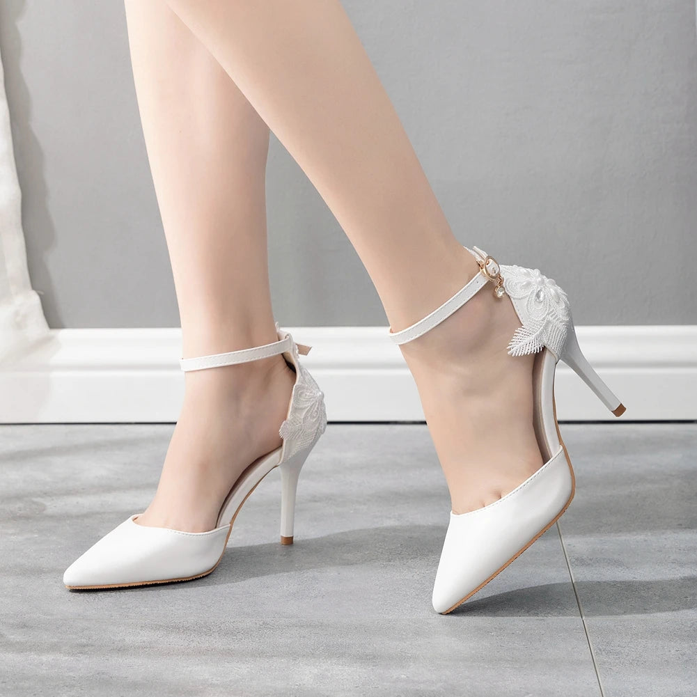 Cristal rainha tamanho grande laço branco feminino salto alto banquete sapatos de casamento nupcial apontou bombas doce selvagem único sandálias