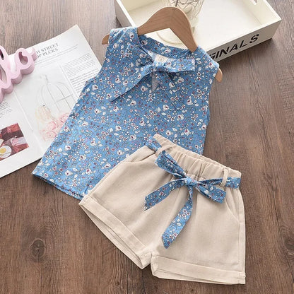 Conjuntos de roupas de meninas, Novo estilo de verão roupas infantis bonito pontos de renda + arco calças curtas 2pc
