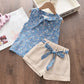 Conjuntos de roupas de meninas, Novo estilo de verão roupas infantis bonito pontos de renda + arco calças curtas 2pc