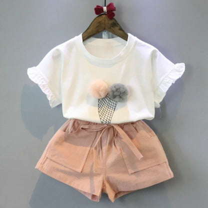 Conjuntos de roupas de meninas, Novo estilo de verão roupas infantis bonito pontos de renda + arco calças curtas 2pc