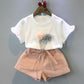 Conjuntos de roupas de meninas, Novo estilo de verão roupas infantis bonito pontos de renda + arco calças curtas 2pc