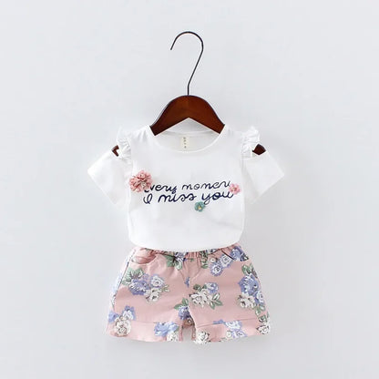 Roupas de Meninas , Bebé Floral Impresso Manga Curta Strapless T-shirt + calças 2pcs