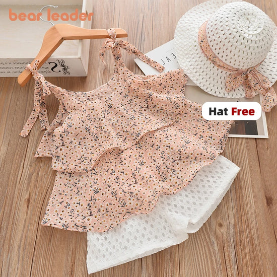 Sommer Kinder Kleidung Sets Floral Chiffon Neckholder Tops + Stroh bestickte Shorts 3 Stück