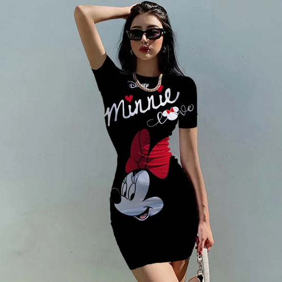 Disney Minnie Mickey Mouse Schleifendruck Elegantes schlichtes Damenkleid