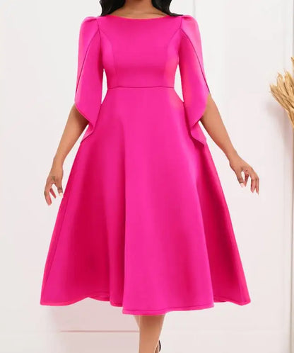 Elegantes einfarbiges Rundhalskleid für Damen