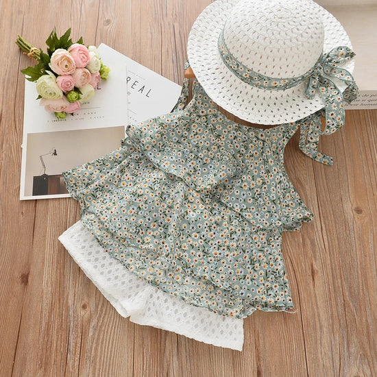 Sommer Kinder Kleidung Sets Floral Chiffon Neckholder Tops + Stroh bestickte Shorts 3 Stück