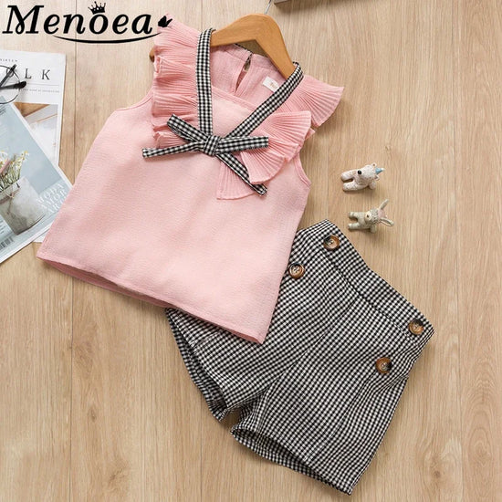 Conjuntos de roupas de meninas, Novo estilo de verão roupas infantis bonito pontos de renda + arco calças curtas 2pc