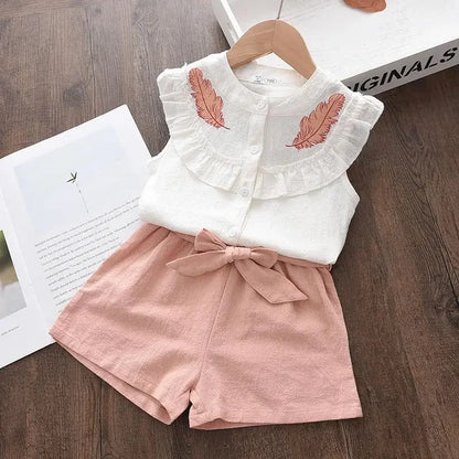 Conjuntos de roupas de meninas, Novo estilo de verão roupas infantis bonito pontos de renda + arco calças curtas 2pc