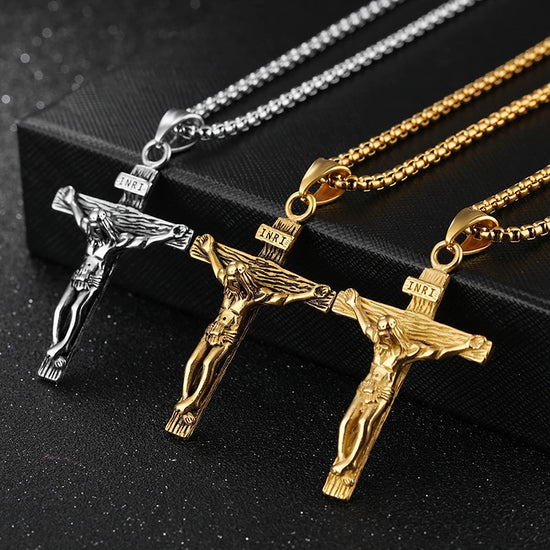 Colar de aço inoxidável da cruz de Jesus para homens