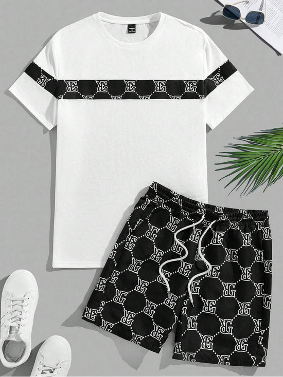 Conjunto masculino retro moda letras impressas em torno do pescoço