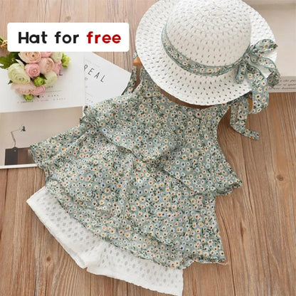 Sommer Kinder Kleidung Sets Floral Chiffon Neckholder Tops + Stroh bestickte Shorts 3 Stück
