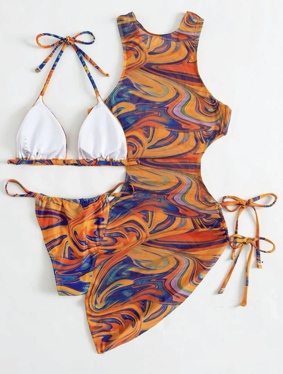 3-teiliges Neckholder-Triangel-Bikini-Set mit Print