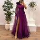 Vestido um ombro plissado malha única manga longa cintura fina